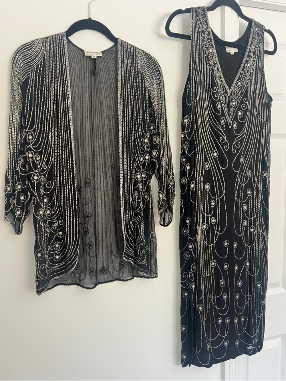 Spectacular Art Deco beaded evening set dress & jacket 100%silk Gatsby Vintage M